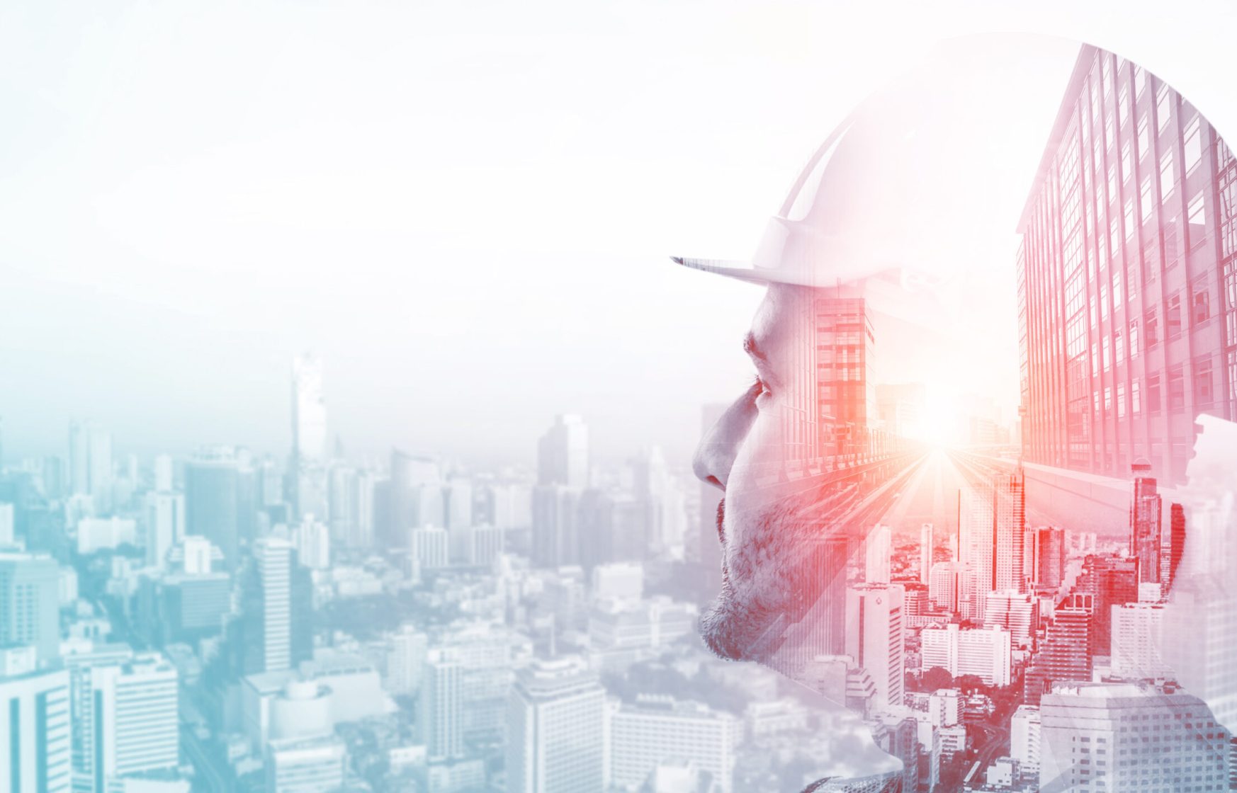 Future building construction engineering project concept with double exposure graphic design. Building engineer, architect people or construction worker working with modern civil equipment technology.